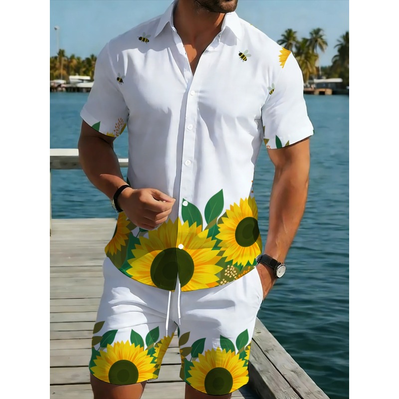 Printed Floral Shirt - Men's Sunflower Printed Shirt Shorts Set