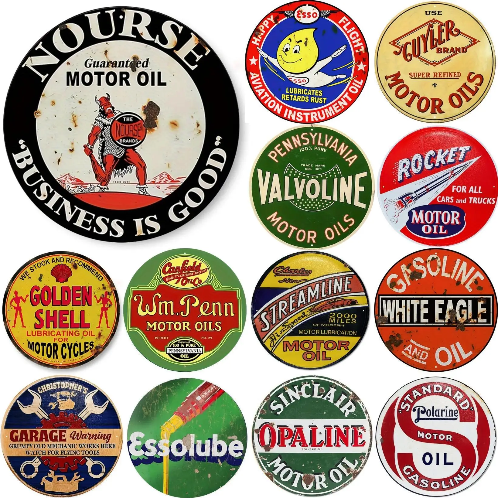 Vintage Fashion Posters - Vintage Motor Oil Sign Round Metal