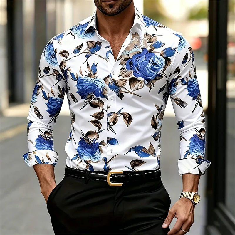 Printed Floral Shirt - Men's Long-sleeve Collared Shirt with Floral