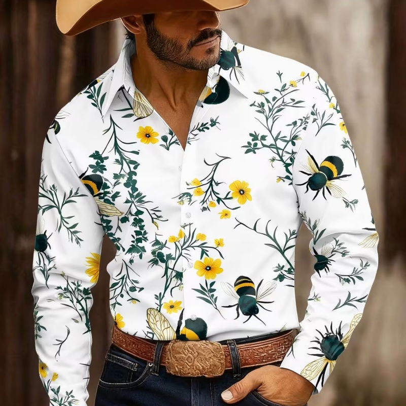 Printed Floral Shirt - Men's Floral Print Long-Sleeve Shirt, Stylish