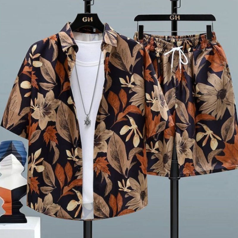 Summer Men Travel Outfit Ice S - Printed Floral Shirt ulasan dan harga