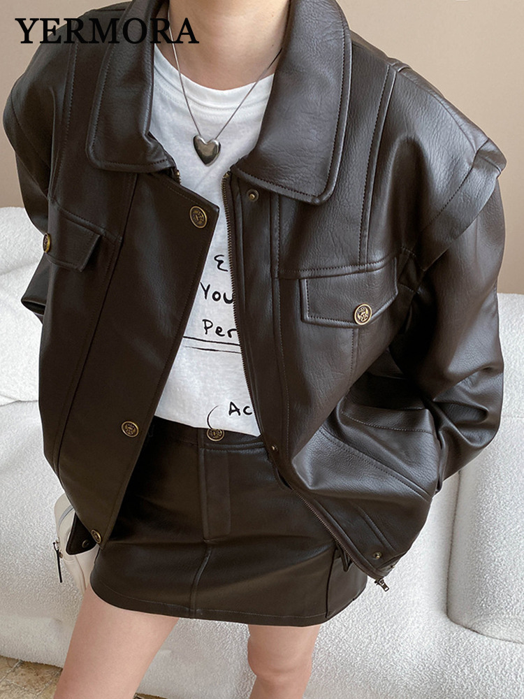 YERMORA Women Coffee PU Leathe - Vintage Fashion Jacket ulasan dan harga