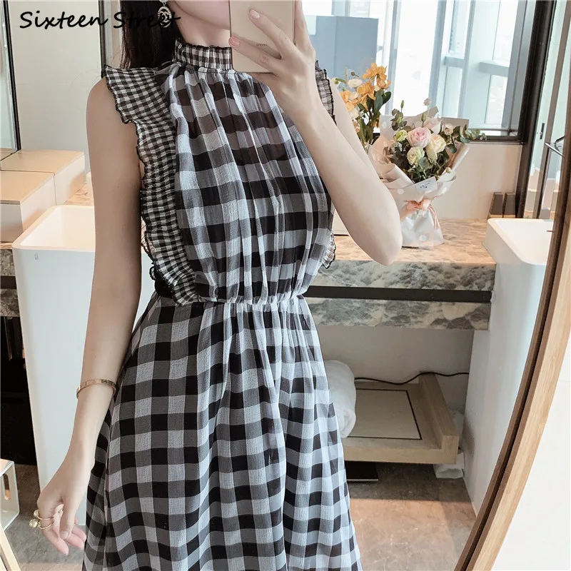 Plaid Sleeveless Dress for Wom - Vintage Fashion Runway ulasan dan harga