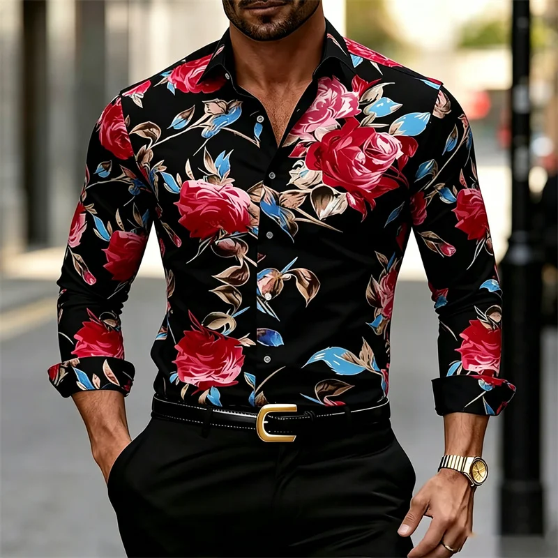 Men's Long-sleeve Collared Shi - Printed Floral Shirt ulasan dan harga