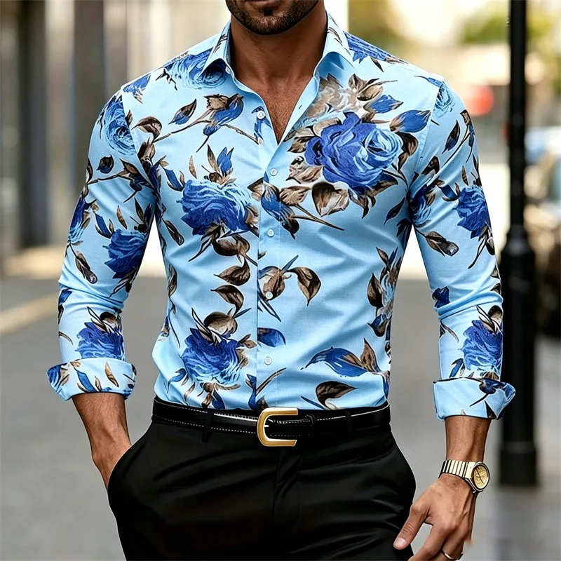 Men's Long-sleeve Collared Shi - Printed Floral Shirt ulasan dan harga