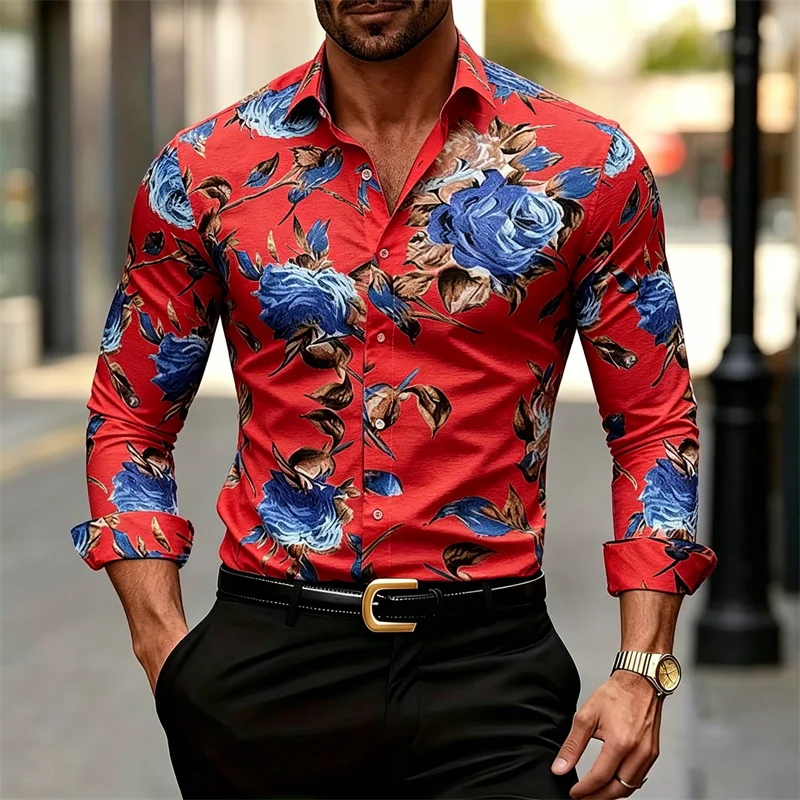 Men's Long-sleeve Collared Shi - Printed Floral Shirt ulasan dan harga