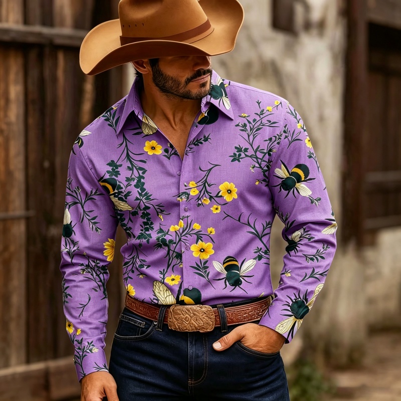 Men's Floral Print Long-Sleeve - Printed Floral Shirt ulasan dan harga