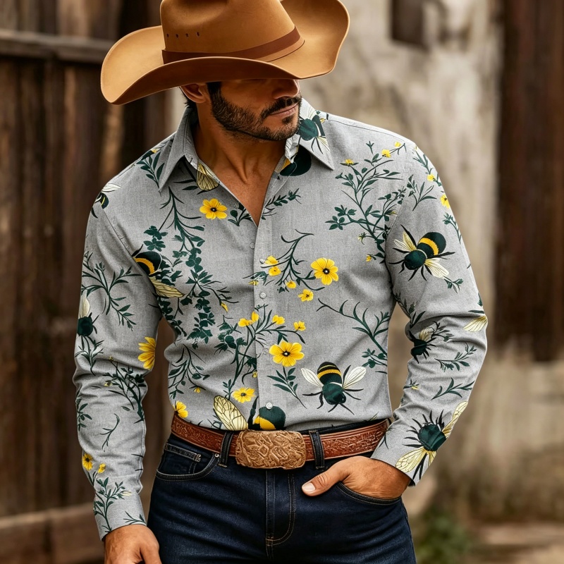 Men's Floral Print Long-Sleeve - Printed Floral Shirt ulasan dan harga
